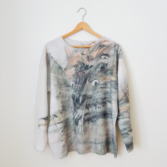Cat Sweater All Over Print Kitty Cat Loose Pullover Sweater Large - Picture 1 of 10